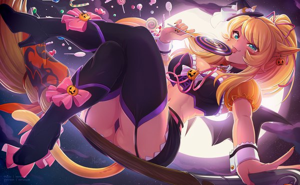 Anime picture 1900x1173 with final fantasy final fantasy xiv square enix miqo'te merunyaa single long hair looking at viewer blush highres breasts blue eyes light erotic blonde hair wide image large breasts signed animal ears sky bent knee (knees)