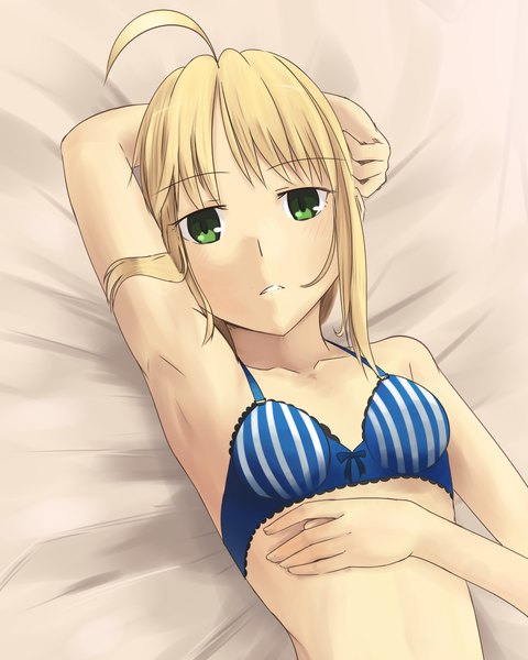Anime picture 1024x1280 with fate (series) fate/stay night artoria pendragon (all) saber boa (4chan) single tall image looking at viewer blush fringe short hair light erotic blonde hair green eyes upper body ahoge lying armpit (armpits) on back arm behind head