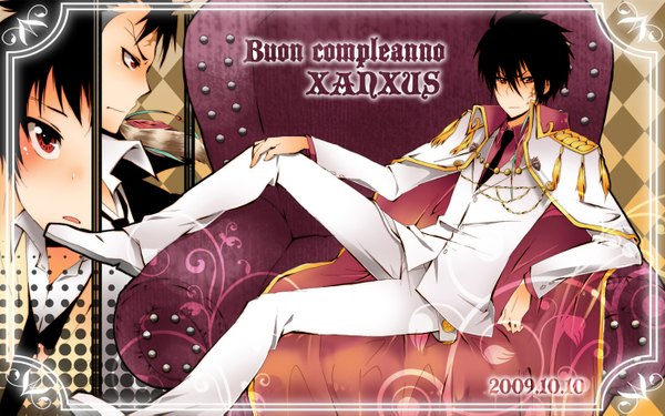 Anime picture 1400x877 with katekyou hitman reborn xanxus black hair red eyes wide image scar reclining alternate age younger boy couch suit coat