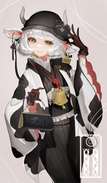 Anime picture 1186x2041 with original galibo single tall image looking at viewer short hair smile animal ears silver hair traditional clothes japanese clothes horn (horns) grey background new year bell collar adjusting hat animal print 2021 cow ears cow print