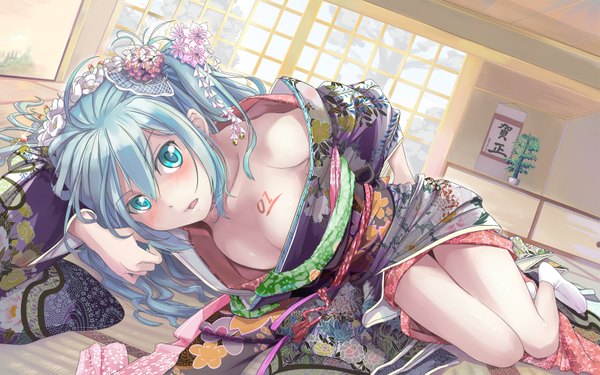 Anime picture 1600x1000 with vocaloid hatsune miku beek (artist) blush breasts blue eyes light erotic wide image blue hair lying japanese clothes hair flower tattoo girl hair ornament flower (flowers) kimono