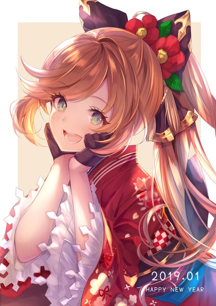Anime picture 707x1000 with granblue fantasy clarisse (granblue fantasy) aoi (kirabosi105) single long hair tall image looking at viewer open mouth brown hair green eyes upper body ponytail traditional clothes :d japanese clothes border dated new year chin rest happy new year