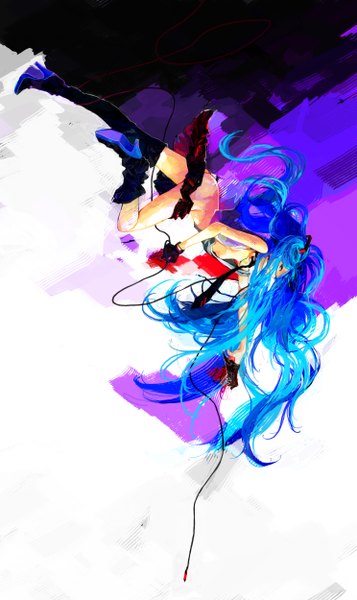 Anime picture 1488x2500 with vocaloid hatsune miku mitsui single long hair tall image blue eyes light erotic twintails blue hair open clothes no bra open shirt no panties upside down girl skirt gloves necktie thigh boots