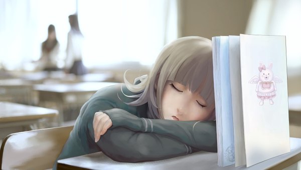 Anime picture 1600x908 with dangan ronpa super dangan ronpa 2 nanami chiaki monomi nyarko single short hair brown hair wide image eyes closed sleeping classroom girl uniform school uniform chair table school