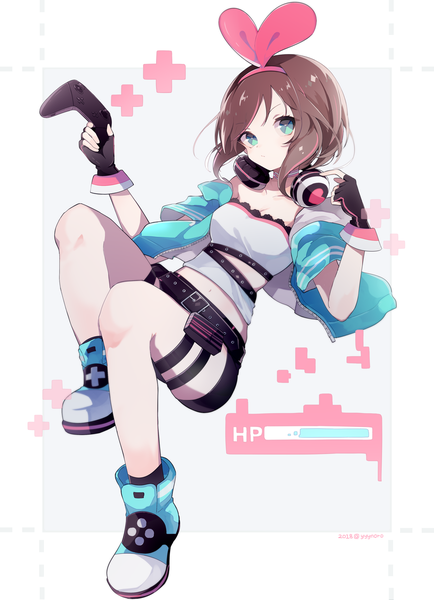 Anime picture 868x1200 with virtual youtuber a.i. channel kizuna ai kizuna ai (a.i. games) captain yue single tall image looking at viewer short hair brown hair green eyes full body multicolored hair open jacket streaked hair headphones around neck girl gloves bow hair bow