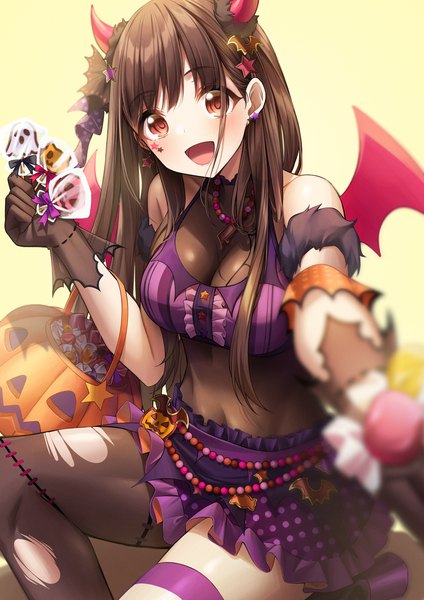 Anime picture 1984x2806 with idolmaster idolmaster shiny colors sonoda chiyoko sora (men0105) single long hair tall image looking at viewer fringe highres open mouth red eyes brown hair cleavage :d midriff depth of field halloween outstretched hand fake antlers