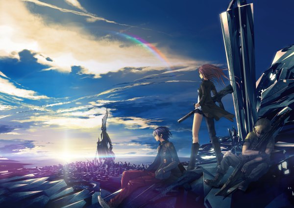 Anime picture 5031x3579 with redjuice long hair highres standing blue hair absurdres sky purple hair cloud (clouds) sunlight cityscape sunbeam ruins girl boy gloves uniform weapon jacket boots