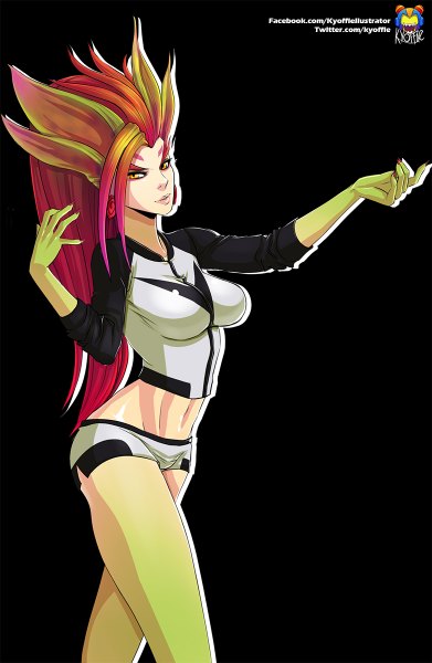 Anime picture 782x1200 with league of legends zyra (league of legends) kyoffie12 single long hair tall image looking at viewer light erotic simple background yellow eyes red hair lips midriff black background girl navel uniform shorts short shorts gym uniform