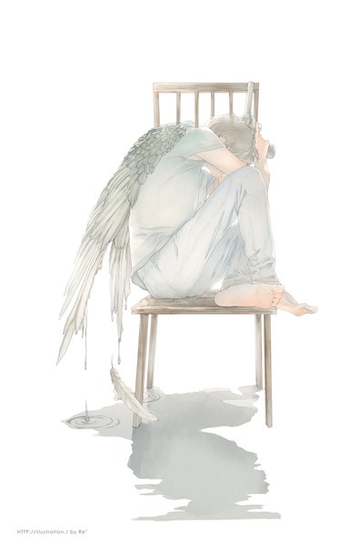 Anime picture 735x1113 with original re (artist) single tall image fringe short hair simple background white background sitting holding signed full body bent knee (knees) barefoot grey hair soles covering angel wings angel covering face