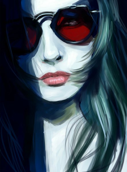 Anime picture 1024x1384 with sparkyyy (artist) single long hair tall image looking at viewer black hair lips portrait pale skin girl sunglasses