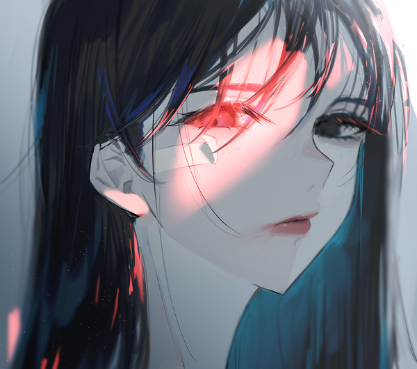 Anime picture 1699x1500 with original zumi (neronero126) single long hair looking at viewer blush fringe black hair simple background hair between eyes red eyes black eyes sunlight heterochromia face expressionless bandaid on face girl bandaid