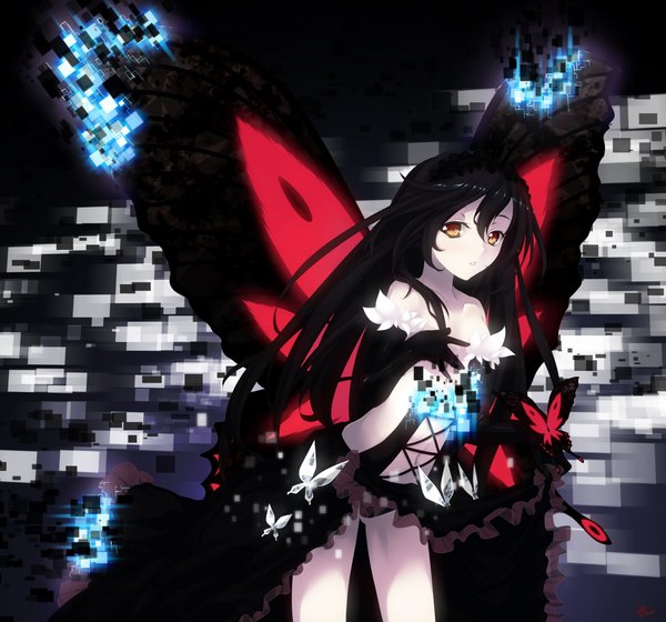 Anime picture 2250x2100 with accel world sunrise (studio) kuroyukihime albreo single long hair highres black hair bare shoulders yellow eyes insect wings butterfly wings girl dress gloves navel elbow gloves insect butterfly