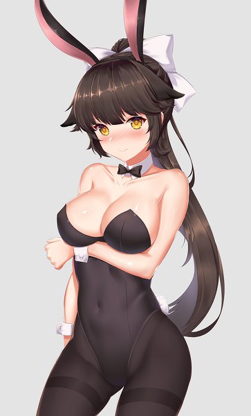 Anime picture 726x1200 with azur lane takao (azur lane) bencao gangmu (anquan sy) single long hair tall image looking at viewer blush fringe breasts light erotic black hair simple background large breasts standing animal ears yellow eyes cleavage ponytail tail