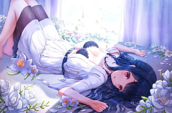 Anime-Bild 1164x766 mit original lunacle single long hair looking at viewer blush fringe light erotic red eyes payot blue hair indoors lying parted lips pleated skirt barefoot wide sleeves on back open shirt light
