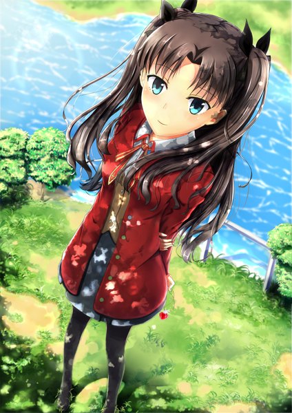 Anime picture 2507x3545 with fate (series) fate/stay night type-moon toosaka rin nameless (artist) single long hair tall image looking at viewer fringe highres breasts blue eyes smile brown hair from above shadow looking up hands behind back river