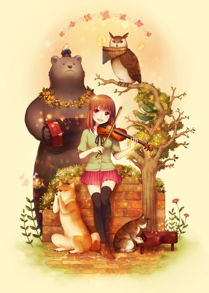 Anime picture 1000x1404 with original megumu tall image blush short hair open mouth smile red eyes brown hair girl thighhighs skirt flower (flowers) black thighhighs plant (plants) animal tree (trees) bird (birds) cat musical instrument