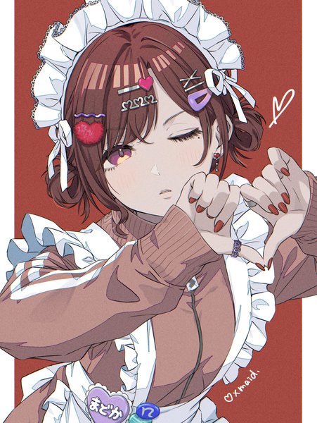 Anime picture 2020x2686 with idolmaster idolmaster shiny colors higuchi madoka momomoi momoi single tall image looking at viewer highres short hair simple background brown hair purple eyes upper body long sleeves nail polish one eye closed mole maid character names mole under eye