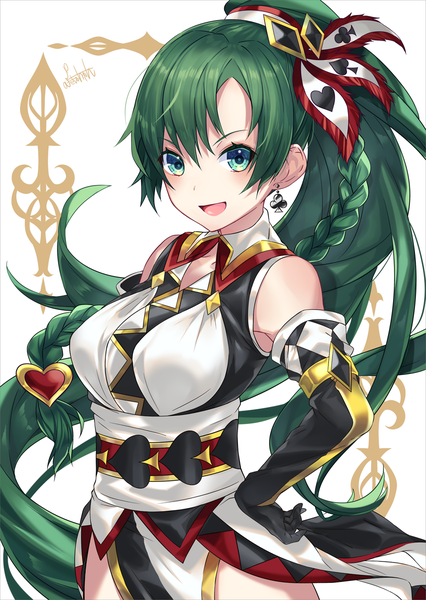 Anime picture 852x1200 with fire emblem fire emblem: the blazing blade nintendo lyndis (fire emblem) ringozaka mariko single long hair tall image looking at viewer blush fringe breasts open mouth simple background smile hair between eyes standing signed ponytail braid (braids)