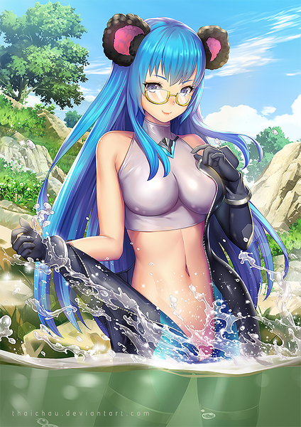 Anime picture 620x877 with original riiya (mabong1989) single long hair tall image looking at viewer fringe breasts blue eyes light erotic smile hair between eyes large breasts standing bare shoulders signed animal ears blue hair sky cloud (clouds)
