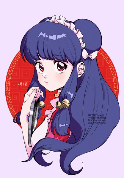 Anime picture 1424x2048 with ranma 1/2 shampoo (ranma 1/2) 0702 yuwina single long hair tall image looking at viewer fringe red eyes signed payot blue hair grey background portrait girl headdress maid headdress bell jingle bell tray