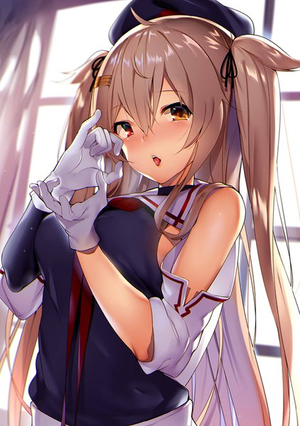 Anime-Bild 1066x1516 mit kantai collection murasame destroyer orihi chihiro single long hair tall image looking at viewer blush fringe open mouth hair between eyes brown hair twintails upper body ahoge heterochromia remodel (kantai collection) asymmetrical clothes sexually suggestive girl