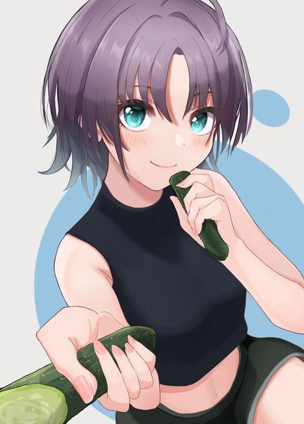 Anime picture 2048x2850 with idolmaster idolmaster shiny colors asakura tooru pippo (pippo314) single tall image looking at viewer blush highres short hair smile holding purple hair ahoge aqua eyes sleeveless outstretched hand girl vegetables cucumber