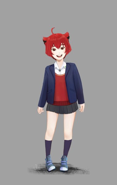 Anime-Bild 1299x2048 mit original milk (jubi) jubi (regiana) single tall image looking at viewer fringe short hair open mouth smile standing brown eyes signed animal ears full body ahoge red hair pleated skirt cat ears grey background