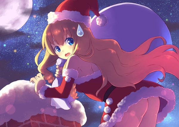 Anime picture 2046x1447 with amagi brilliant park kyoto animation latifa fleuranza moonhackle single long hair highres blue eyes light erotic blonde hair ass night sweat night sky fur trim christmas snow sweatdrop surprised girl