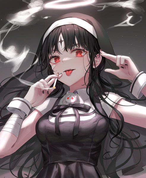 Anime picture 3178x3873 with original tokkyu single long hair tall image looking at viewer fringe highres open mouth black hair simple background red eyes holding absurdres upper body nail polish fingernails grey background arms up short sleeves