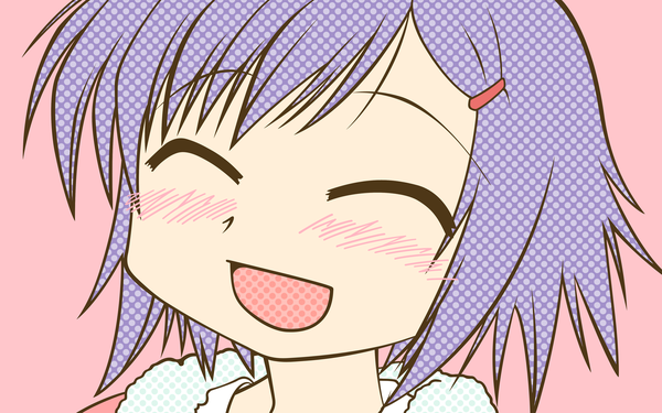 Anime picture 1920x1200 with hidamari sketch shaft (studio) chika single blush fringe highres open mouth smile wide image purple hair eyes closed wallpaper happy close-up pink background face ^ ^ laughing girl