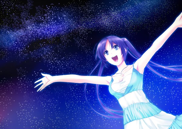 Anime picture 1316x930 with original kyougoku touya single long hair open mouth blue eyes black hair twintails night spread arms girl sundress