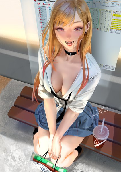 Anime picture 2465x3508 with sono bisque doll wa koi wo suru cloverworks kitagawa marin zumi (zumidraws) single long hair tall image looking at viewer blush fringe highres breasts open mouth light erotic blonde hair smile large breasts sitting holding signed