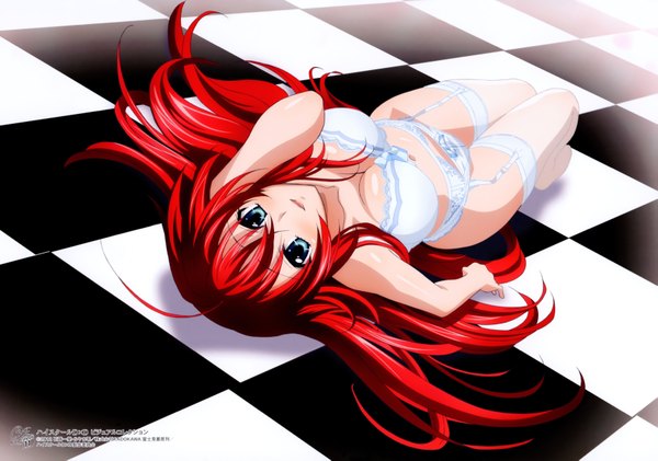 Anime picture 6945x4884 with highschool dxd rias gremory miyama zero mishima hiroji single long hair looking at viewer blush highres breasts open mouth blue eyes light erotic large breasts absurdres red hair scan official art underwear only checkered floor