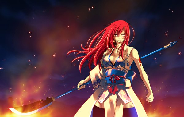 Anime picture 1880x1204 with fairy tail erza scarlet mashima hiro single long hair fringe highres breasts red eyes standing holding cleavage red hair fingernails lips girl weapon earrings obi fire