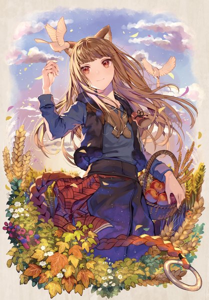 Anime-Bild 893x1282 mit spice and wolf horo 778-go single long hair tall image fringe red eyes brown hair animal ears looking away sky cloud (clouds) outdoors blunt bangs wind wolf ears wolf girl girl animal
