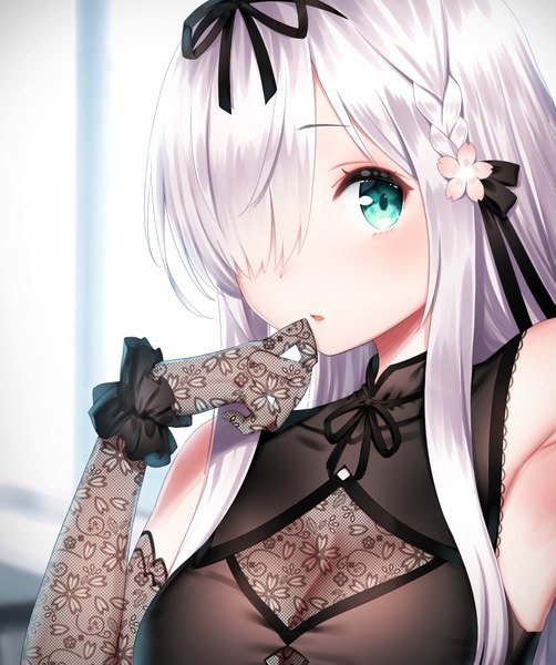 Anime picture 825x986 with virtual youtuber plivyou kamiki kinu yasuyuki single long hair tall image looking at viewer blush fringe breasts open mouth silver hair upper body braid (braids) aqua eyes hair over one eye armpit (armpits) floral print hand to mouth