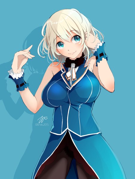 Anime picture 1595x2111 with kantai collection atago heavy cruiser tebi (tbd11) single tall image looking at viewer blush fringe short hair breasts blue eyes simple background smile large breasts bare shoulders white hair shadow adjusting hair blue background girl