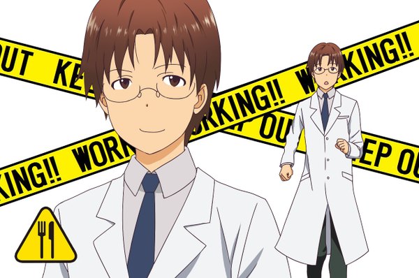 Anime picture 1280x850 with durarara!! working!! a-1 pictures brains base (studio) takanashi souta single short hair open mouth simple background smile brown hair white background brown eyes inscription boy glasses necktie labcoat sign caution tape
