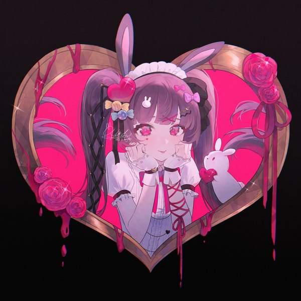 Anime picture 1411x1411 with original necojishi single long hair looking at viewer twintails animal ears purple hair pink eyes sparkle bunny ears :p valentine head rest girl hair ornament animal headdress heart tongue
