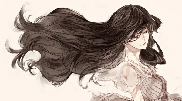 Anime picture 1250x694 with original gubo long hair fringe black hair simple background wide image light smile wind black eyes striped girl dress cape