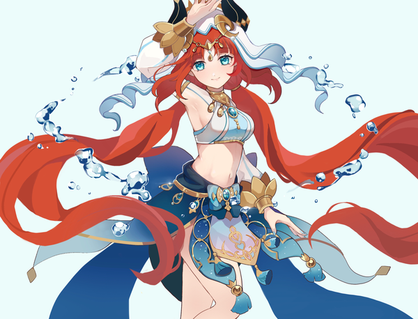 Anime picture 2378x1815 with genshin impact nilou (genshin impact) geppeikun single looking at viewer highres blue eyes simple background smile twintails red hair very long hair horn (horns) midriff low twintails blue background girl detached sleeves crop top