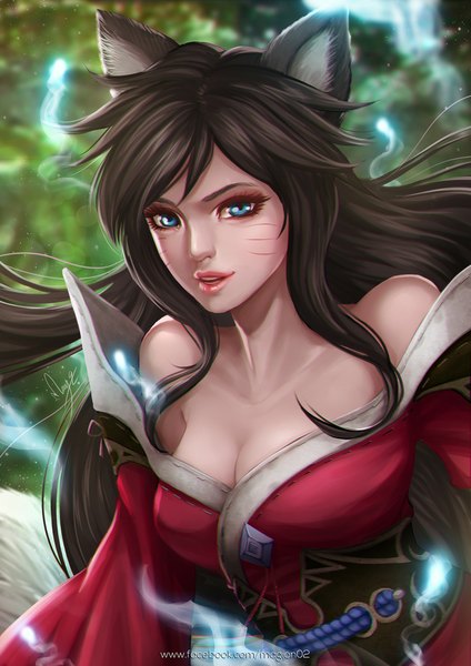 Anime picture 750x1061 with league of legends ahri (league of legends) magion02 single long hair tall image fringe short hair breasts open mouth blue eyes black hair bare shoulders animal ears looking away cleavage light smile lips realistic wide sleeves