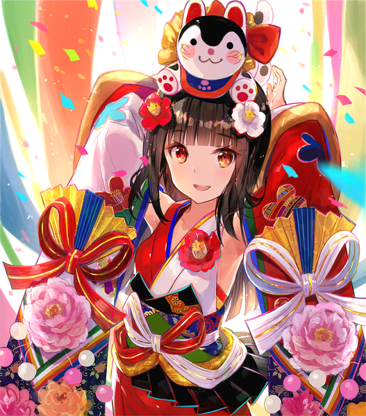 Anime picture 819x931 with big fish and begonia original chun fuzichoco single long hair tall image looking at viewer fringe open mouth black hair smile brown eyes blunt bangs long sleeves traditional clothes :d japanese clothes hair flower arms up