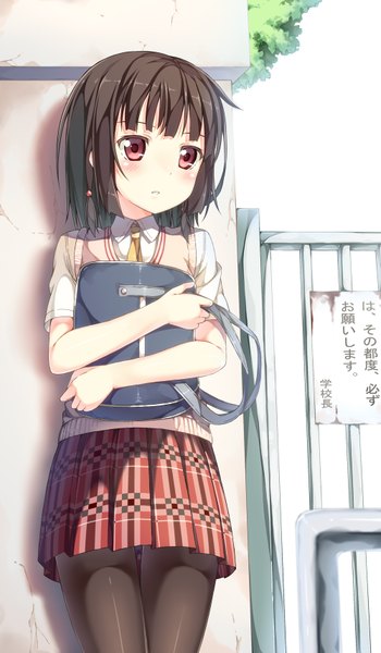 Anime picture 1000x1714 with original yuuri nayuta single tall image blush short hair black hair red eyes looking away girl skirt uniform school uniform school bag