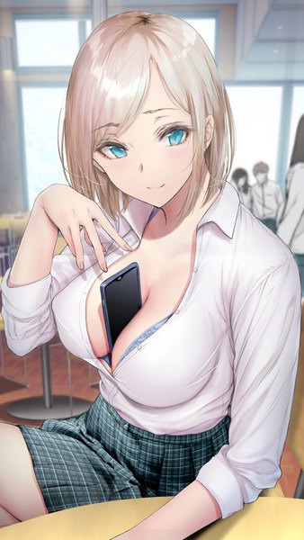 Anime picture 1410x2500 with original gentsuki tall image looking at viewer blush short hair breasts blue eyes light erotic blonde hair smile sitting multiple girls indoors long sleeves pleated skirt crossed legs plaid skirt covered nipples solo focus