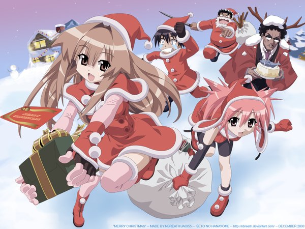 Anime picture 1600x1200 with seto no hanayome seto san edomae lunar masa michishio nagasumi seto gouzaburou fringe christmas winter snow thighhighs star (stars) santa claus hat santa claus costume