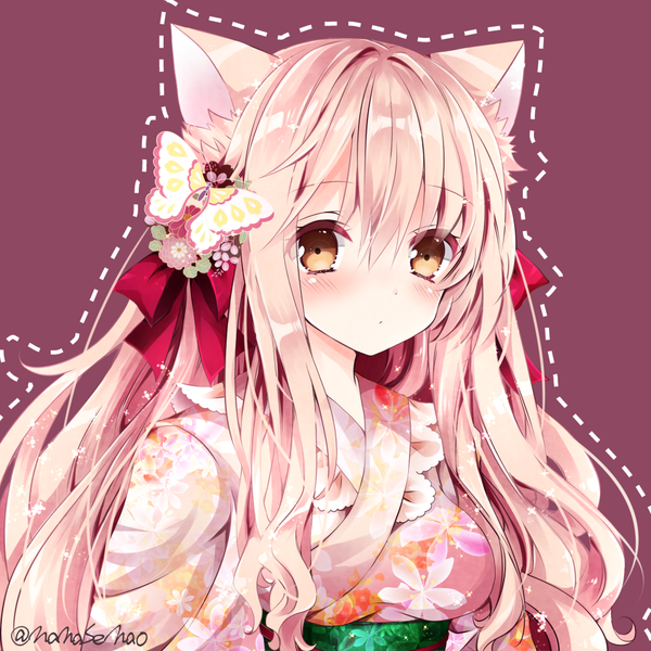 Anime picture 1000x1000 with original nanase kureha nanase nao single long hair looking at viewer blush fringe open mouth simple background blonde hair brown eyes signed animal ears payot upper body traditional clothes japanese clothes hair flower cat ears