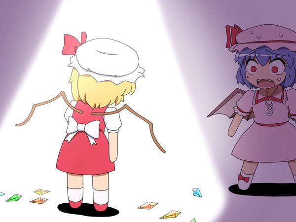 Anime picture 1024x768 with touhou flandre scarlet remilia scarlet shirosato short hair open mouth simple background blonde hair red eyes standing multiple girls blue hair from behind fang (fangs) sweat sweatdrop chibi bat wings surprised no pupils