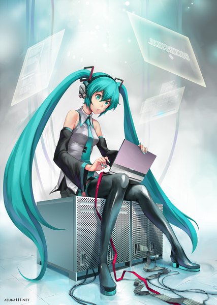 Anime picture 1067x1500 with vocaloid hatsune miku asuka111 single tall image sitting twintails signed full body very long hair nail polish aqua eyes aqua hair girl detached sleeves necktie headphones thigh boots wire (wires) laptop