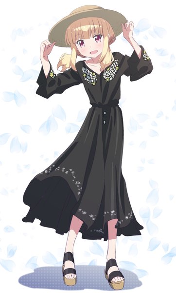 Anime picture 1235x2047 with new game! doga kobo iijima yun pink x single long hair tall image open mouth blonde hair smile standing white background payot full body :d pink eyes girl dress hat black dress